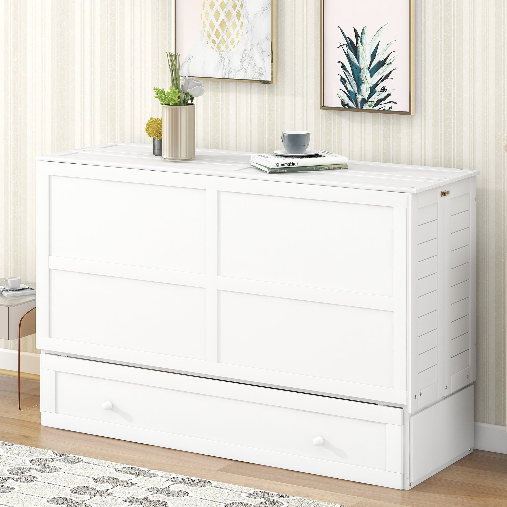 Mobile Murphy Bed: Queen Size with Drawer and Side Shelves, White