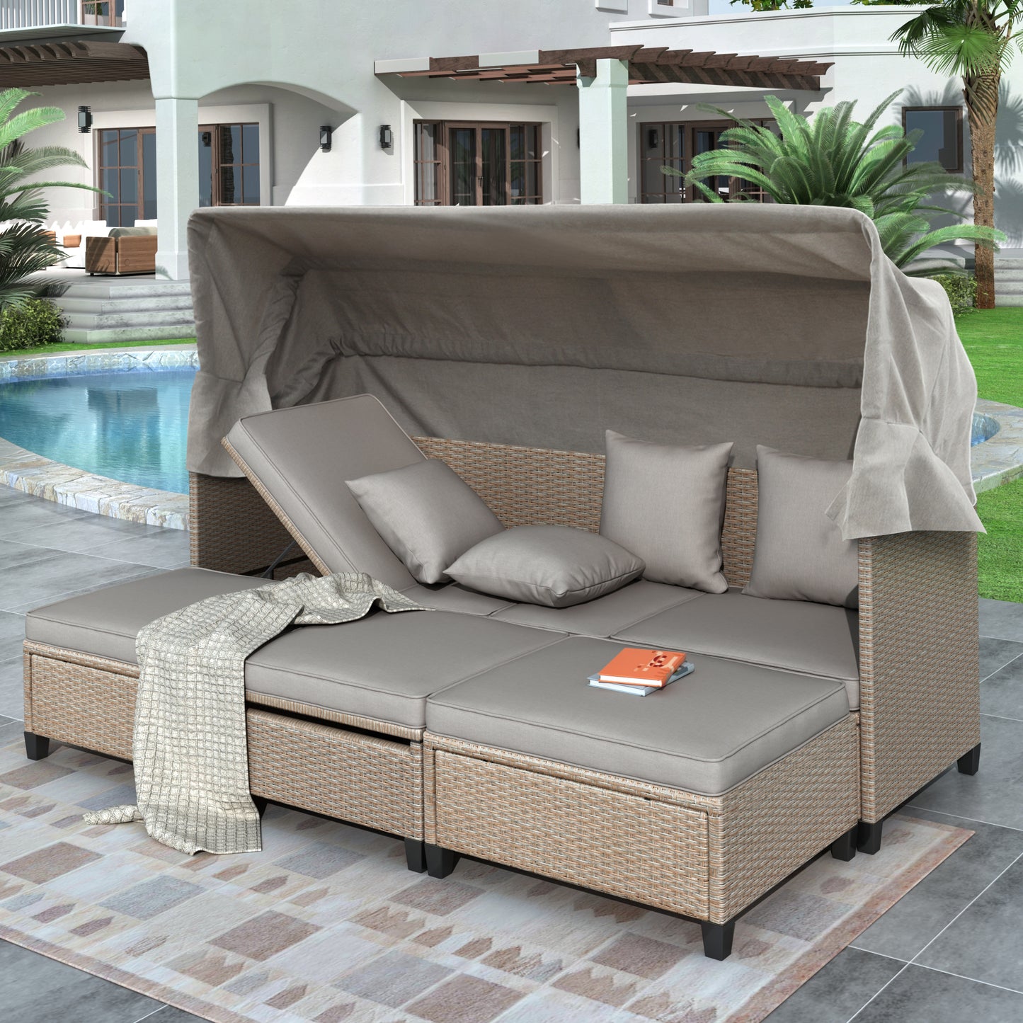 4 Piece UV-Proof Resin Wicker Patio Sofa Set, Retractable Canopy