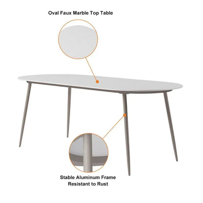 6 - Person Oval Faux Marble Top & Aluminum Outdoor Patio Dinning Table in White & Gray