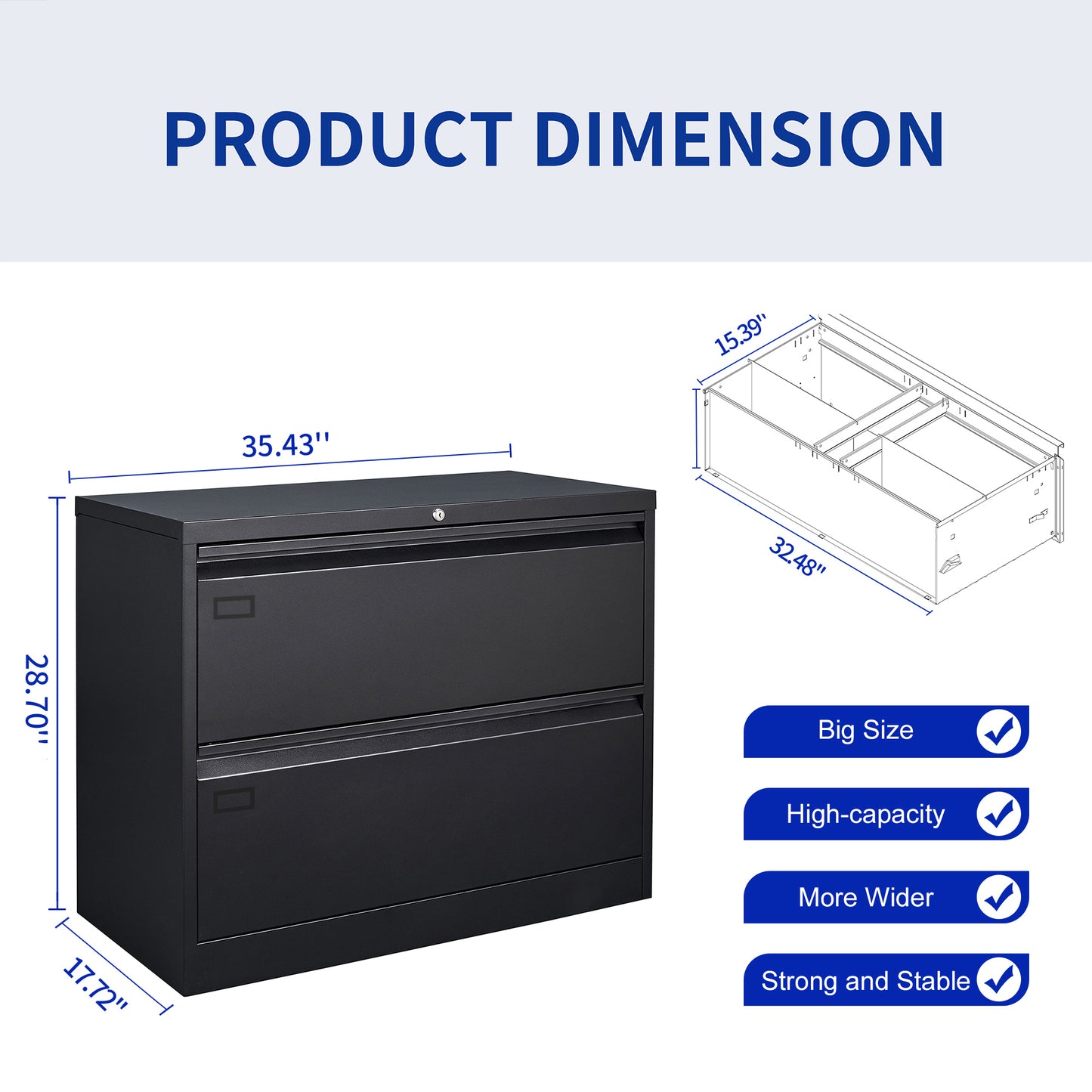 2 Drawer Lateral Filing Cabinet Large Deep Drawers Lockable