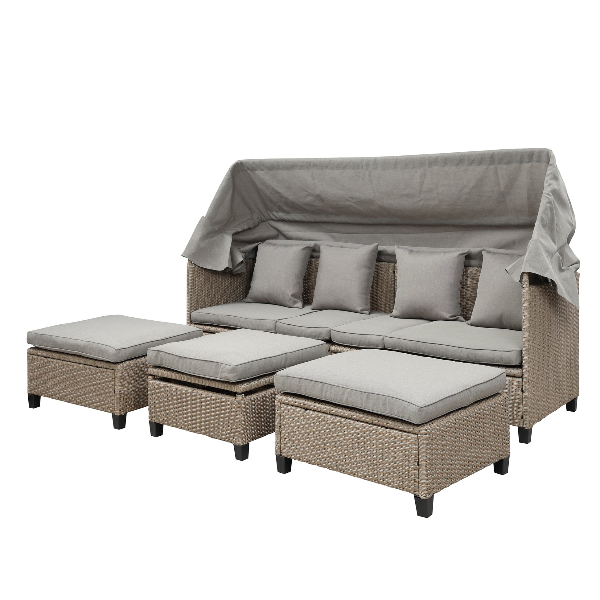 4 Piece UV-Proof Resin Wicker Patio Sofa Set, Retractable Canopy