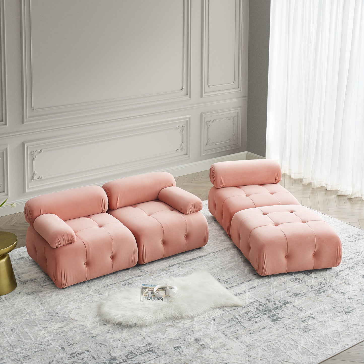 Modular Sectional Sofa, L Shaped Couch with Reversible Ottoman, Pink Velvet