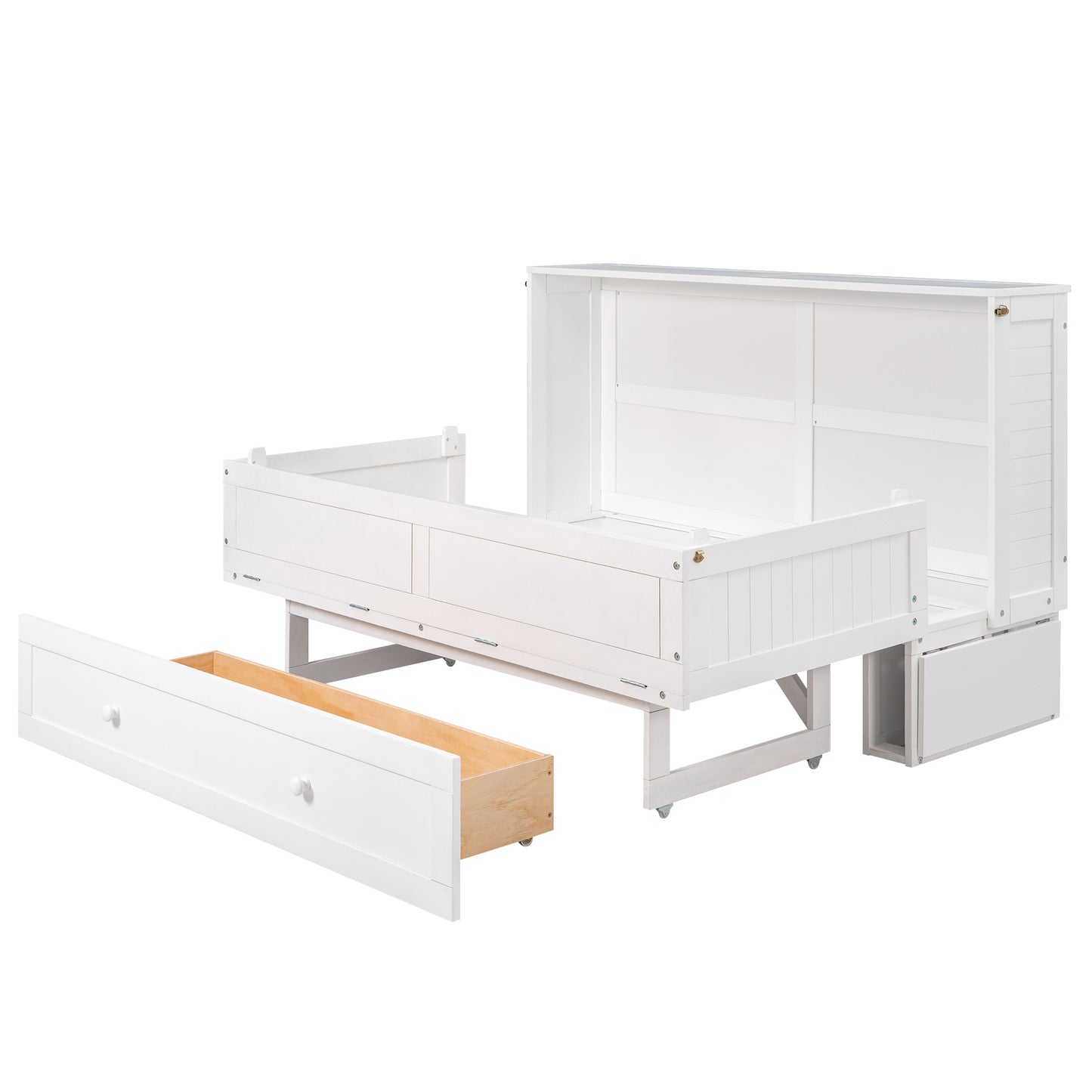 Mobile Murphy Bed: Queen Size with Drawer and Side Shelves, White