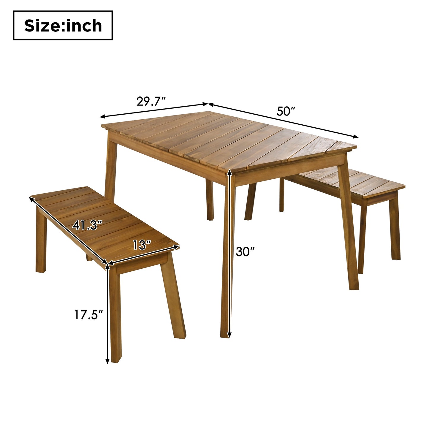 3 Pieces Acacia Wood Table Bench Dining Set For Outdoor & Indoor