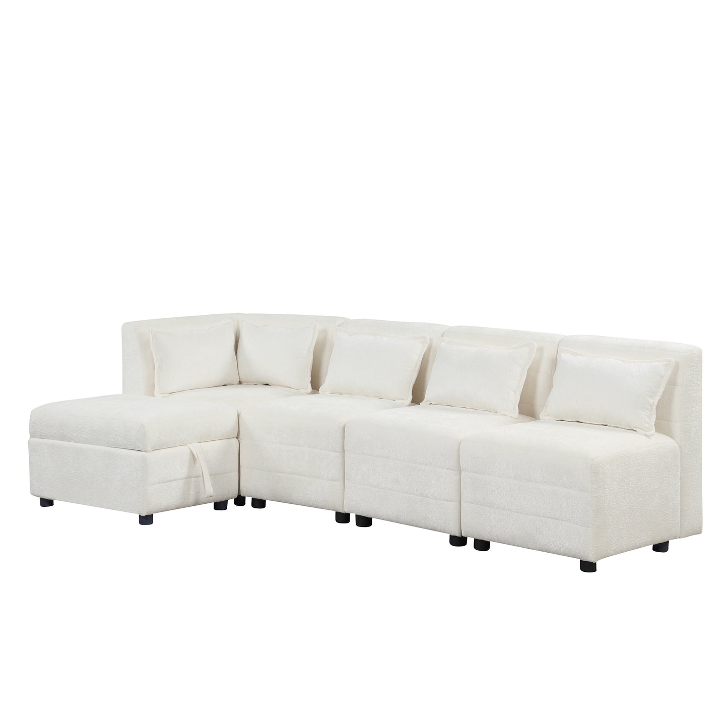 Sectional Sofa 5-seater Modular Couches, Storage Ottoman, 5 Pillows, Cream