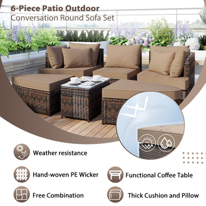 6-Piece Patio Outdoor Conversation Round Sofa Set, Coffee Table, Brown