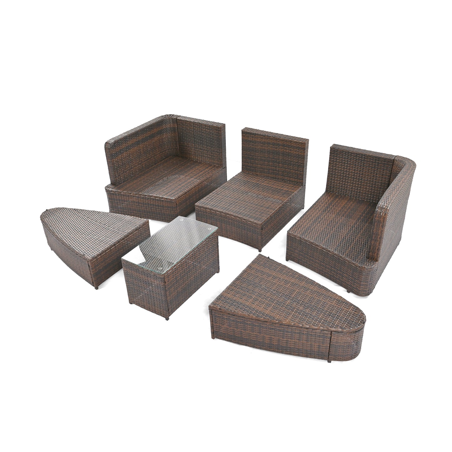 6-Piece Patio Outdoor Conversation Round Sofa Set, Coffee Table, Brown