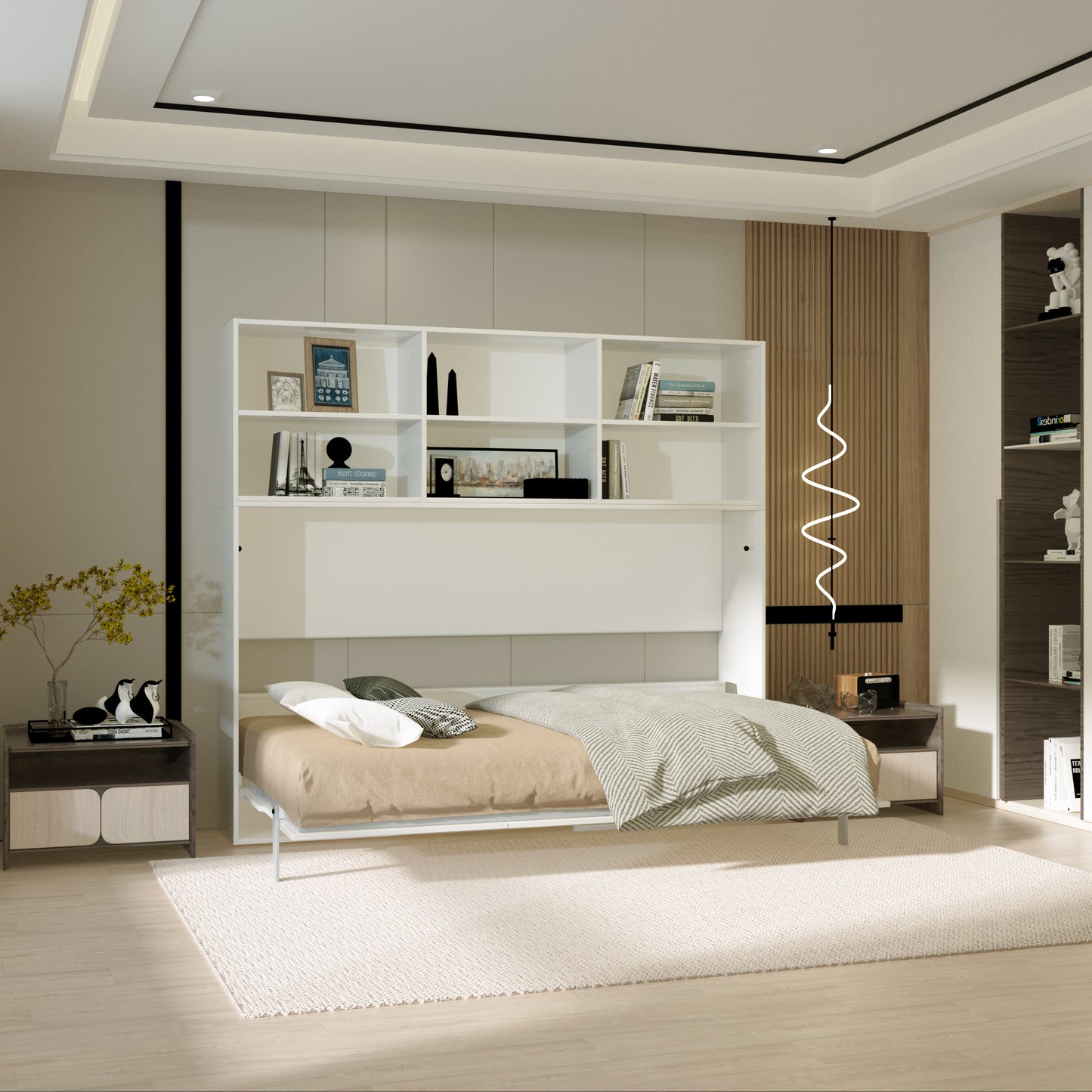 Modern Twin Horizontal Murphy Bed, Shelf, White, Space-Saving