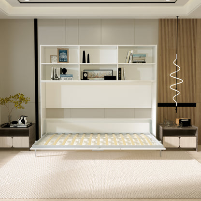 Modern Twin Horizontal Murphy Bed, Shelf, White, Space-Saving