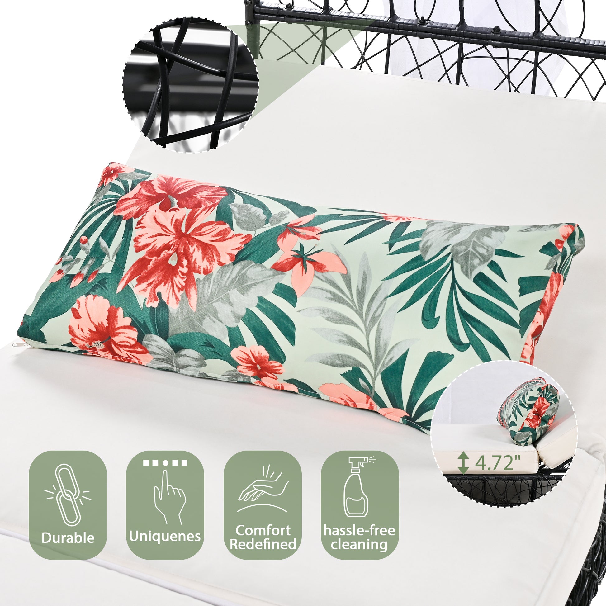 Outdoor Patio Daybed, Curtain, Sunbed, Cushion, Colorful Pillow, Wicker