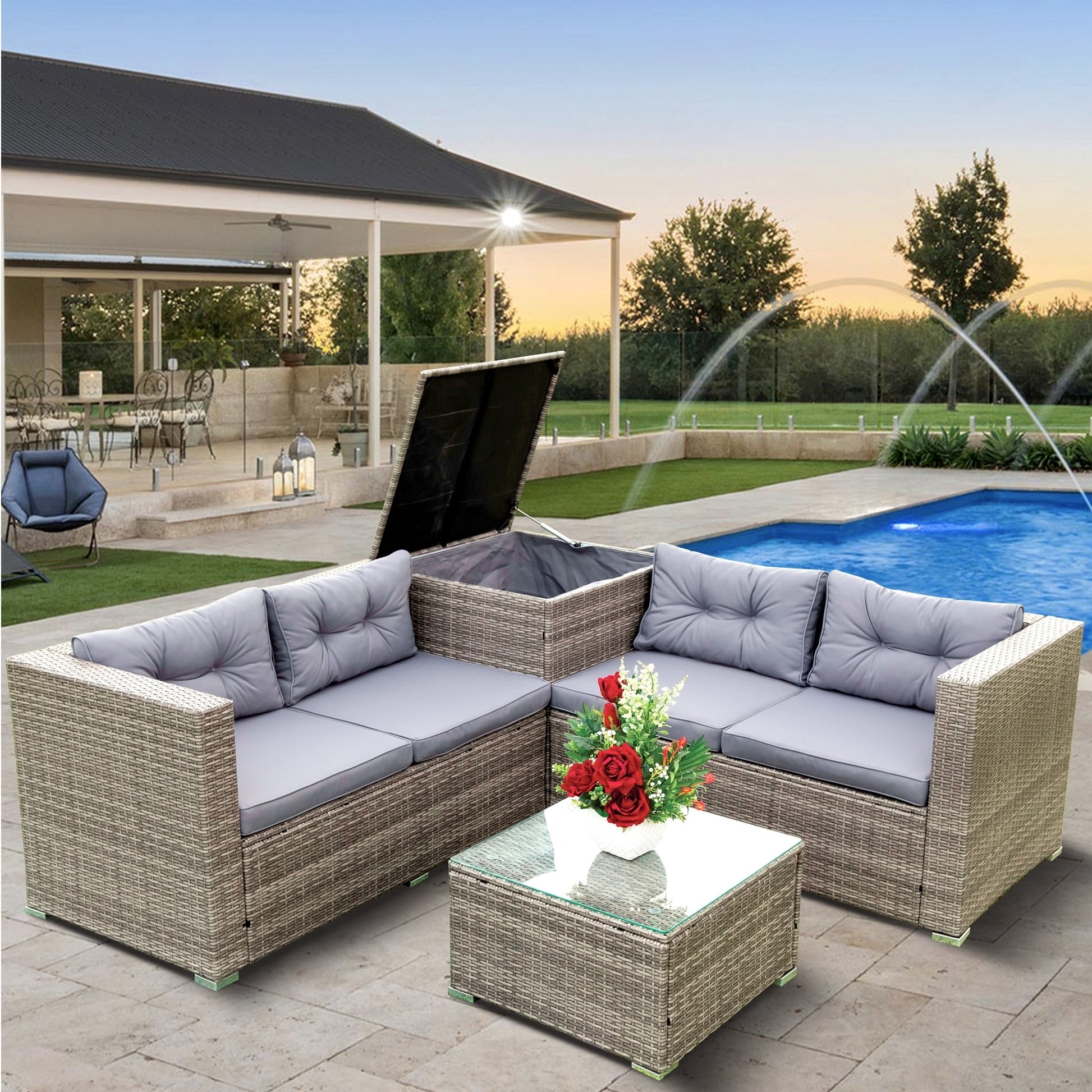 4 Piece Patio Sectional Outdoor Furniture Sofa Set with Storage