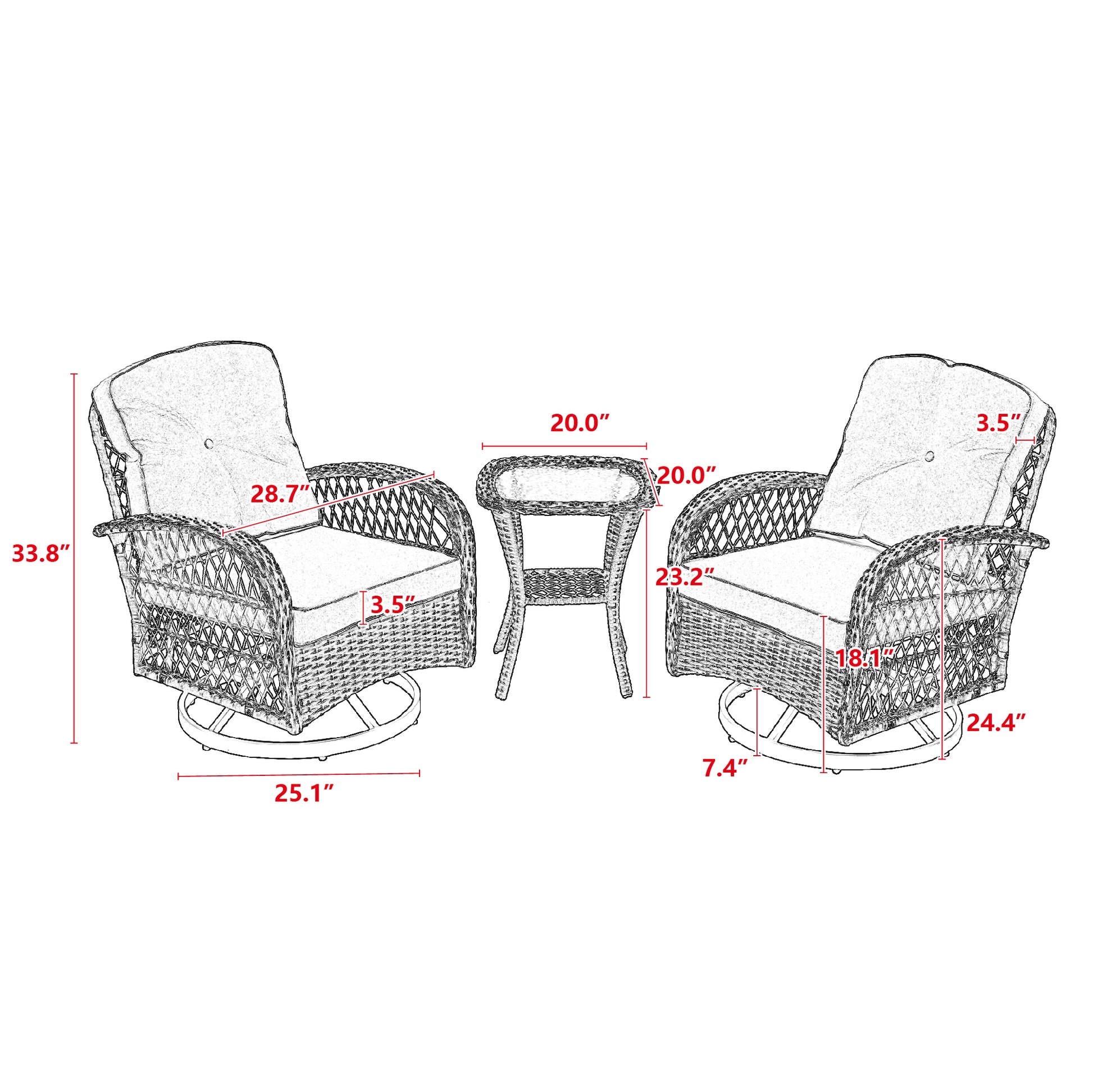 3 Pieces Outdoor Patio Chairs, 360 Degree Rocking