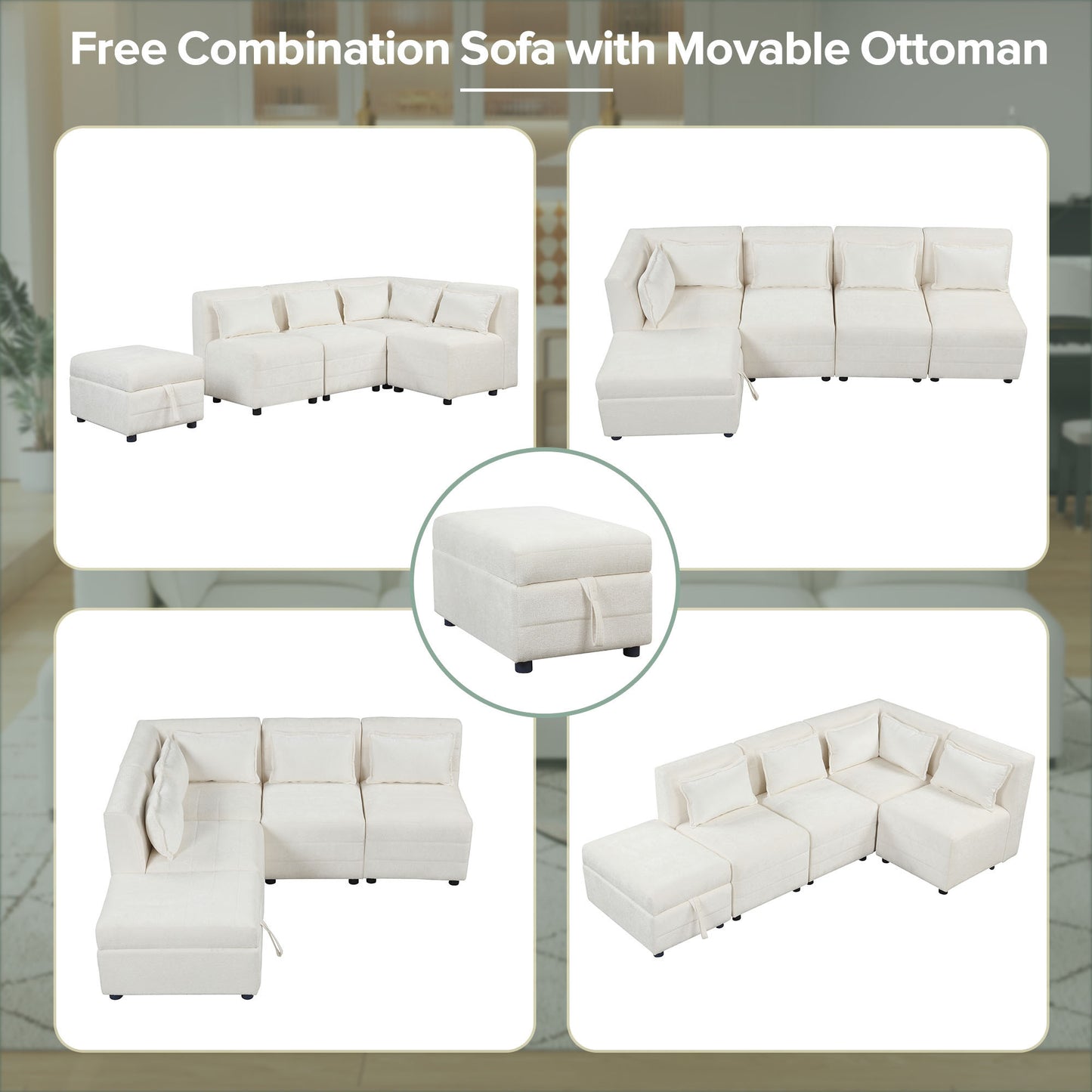 Sectional Sofa 5-seater Modular Couches, Storage Ottoman, 5 Pillows, Cream