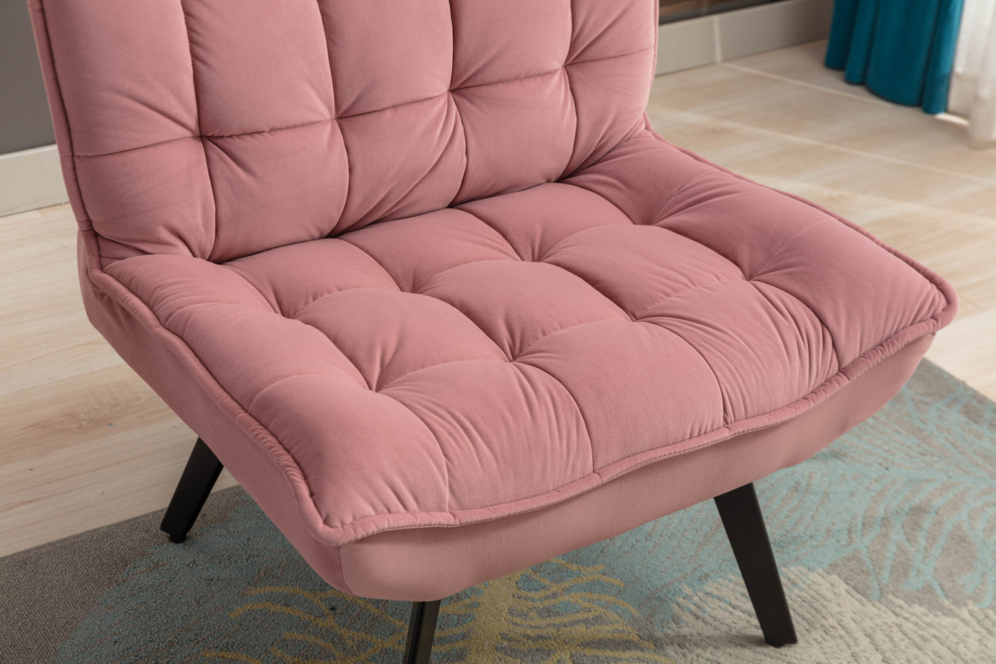 Modern Pink Velvet Accent Chair with Ottoman, Black Legs, Indoor Living