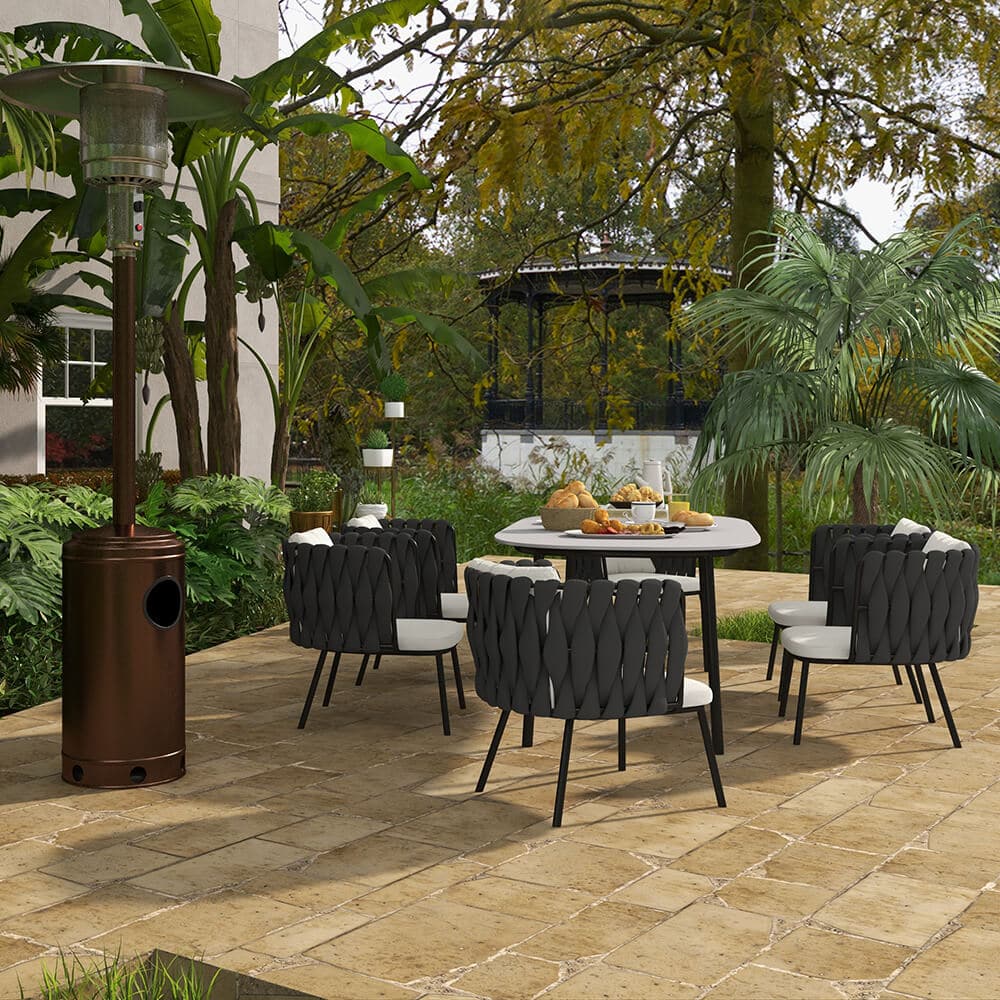 7 Pieces Outdoor Dining Set with Faux Marble Top & Aluminum Table