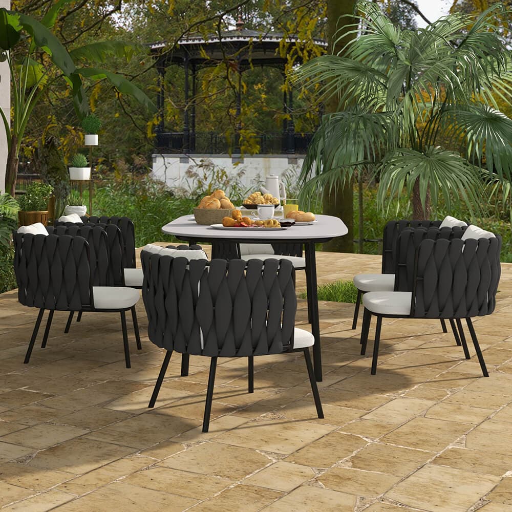 7 Pieces Outdoor Dining Set with Faux Marble Top & Aluminum Table