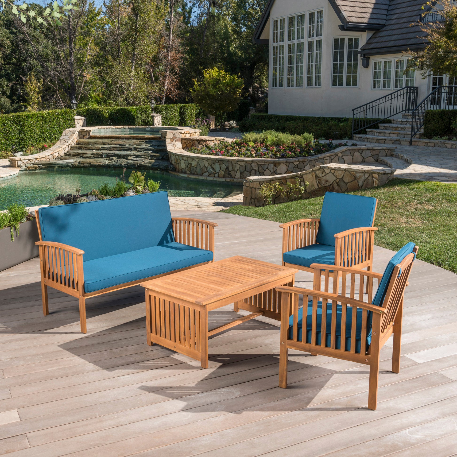 Outdoor Acacia Wood Sofa Set, Water Resistant Cushions, 4-Pcs Set