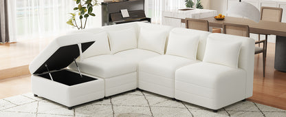 Sectional Sofa 5-seater Modular Couches, Storage Ottoman, 5 Pillows, Cream