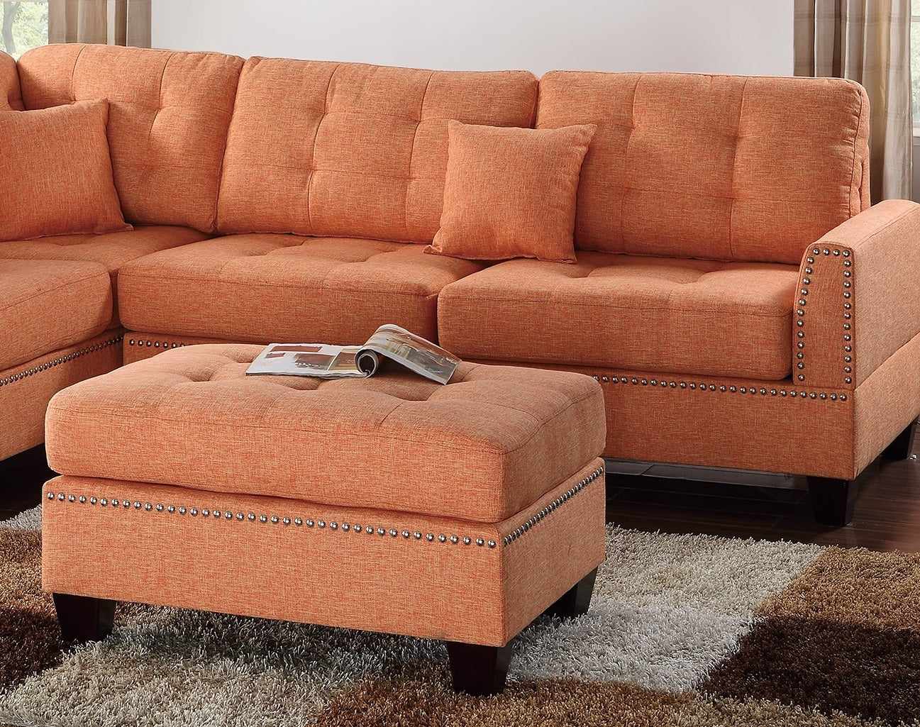 User Modern Citrus Sectional: Reversible Chaise, Sofa, Ottoman, Tufted