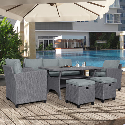 6-Piece Outdoor Wicker Set Patio Sofa, Chair, Stools, Table