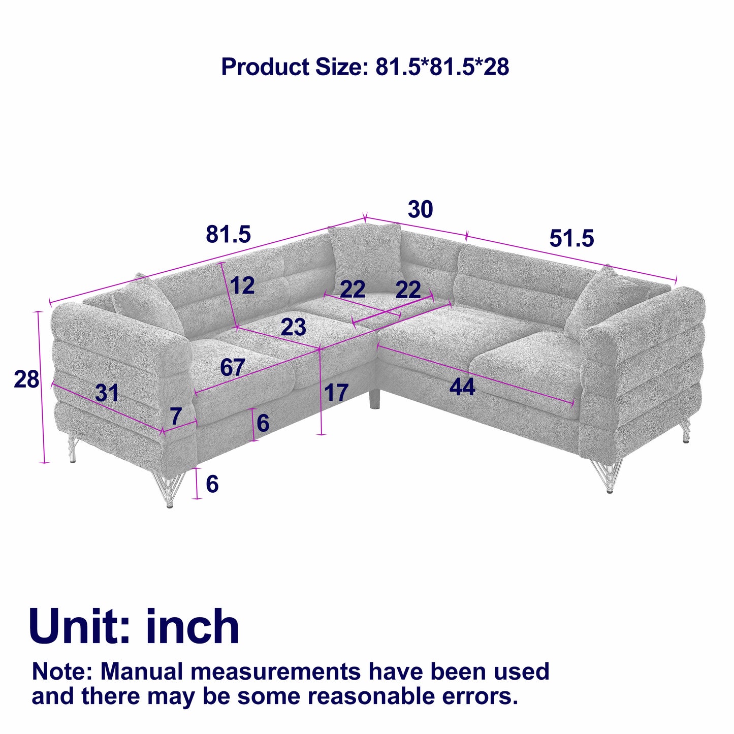 L-Shaped Sectional Sofas Couch, 5-Seater with 3 Cushions.