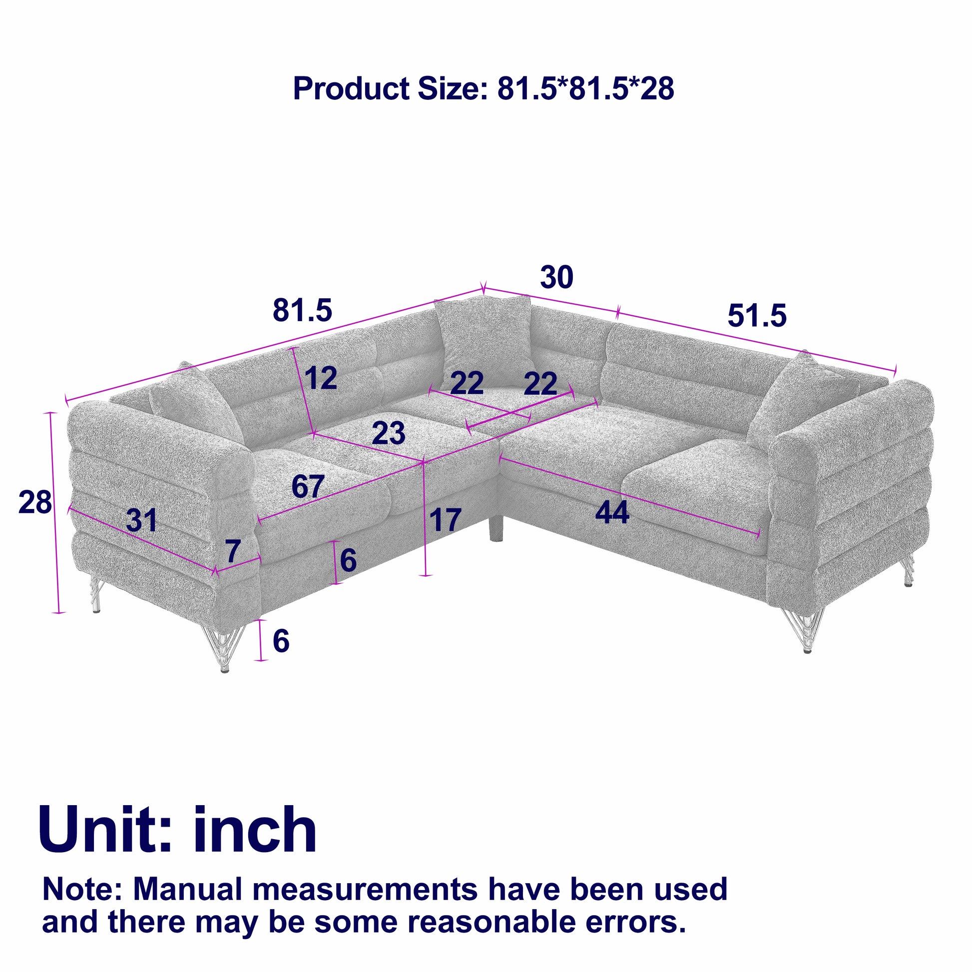 L-Shaped Sectional Sofas Couch, 5-Seater with 3 Cushions.