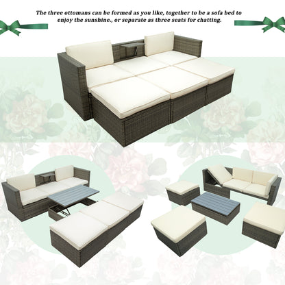 5-Piece Patio Sofa Set, Adjustable Backrest, Ottomans, Lift Top Table