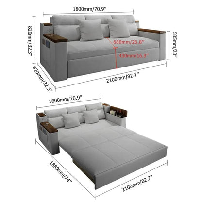 loaded sleeper sofa with storage and side pockets.