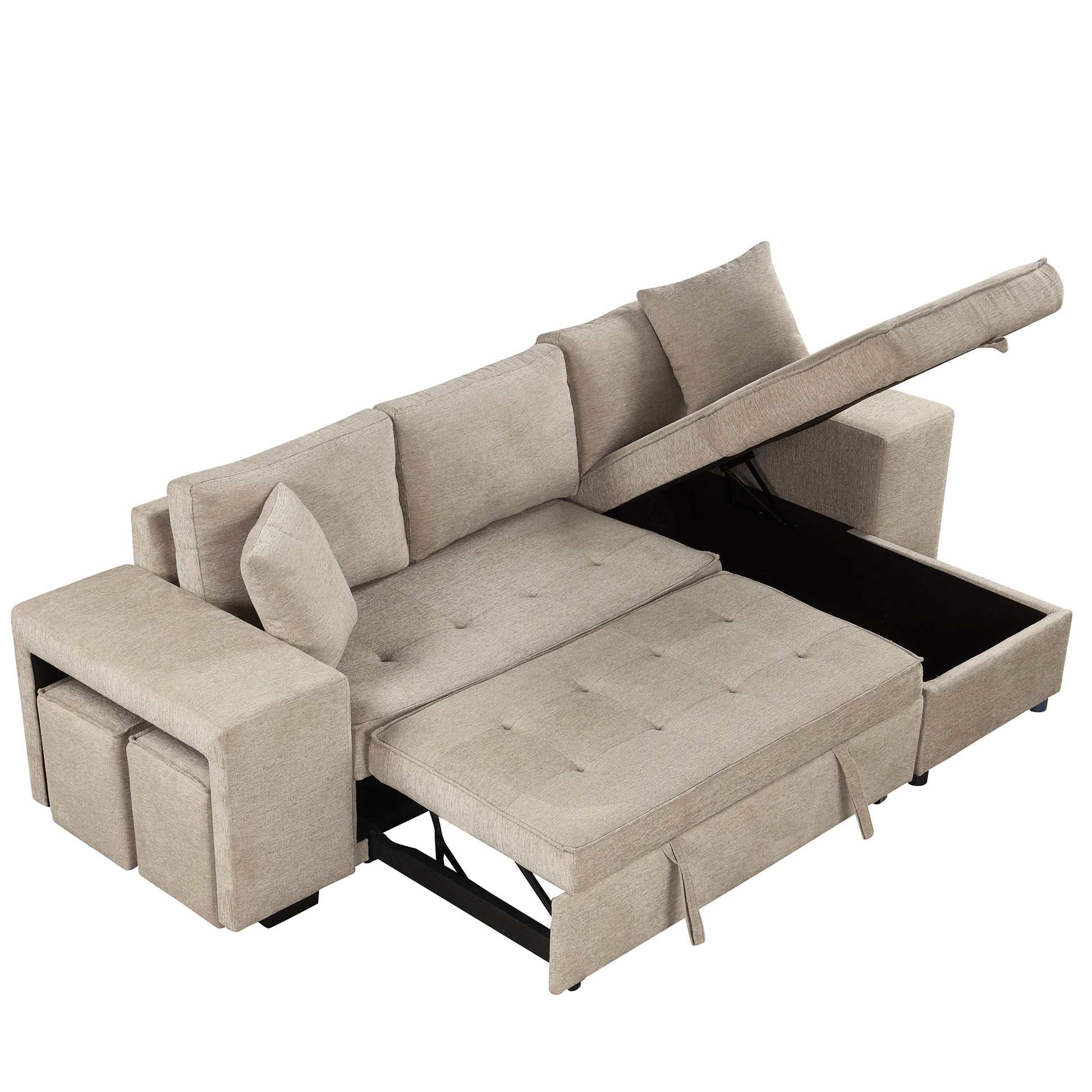 L-Shape Sectional, Sleeper Sofa, Storage Chaise, 2 Stools