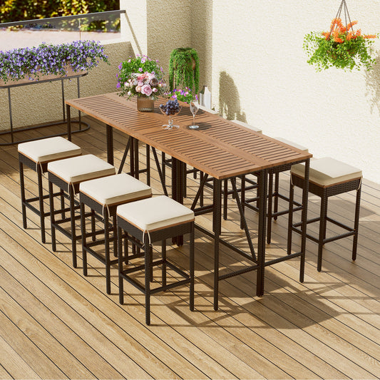 10-Piece Outdoor Acacia Wood Bar Height Table, Eight Stools, Cushions