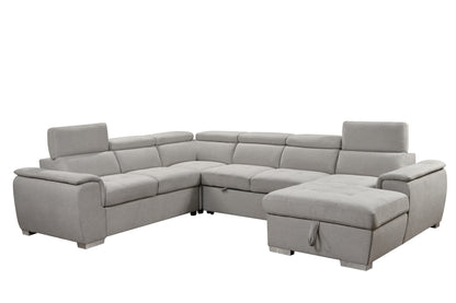 U-Shaped 7-Seat Sectional Sofa: Modern Design, Adjustable Headrest, Beige with Chaise Storage Bed