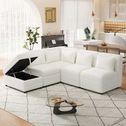 Sectional Sofa 5-seater Modular Couches, Storage Ottoman, 5 Pillows, Cream