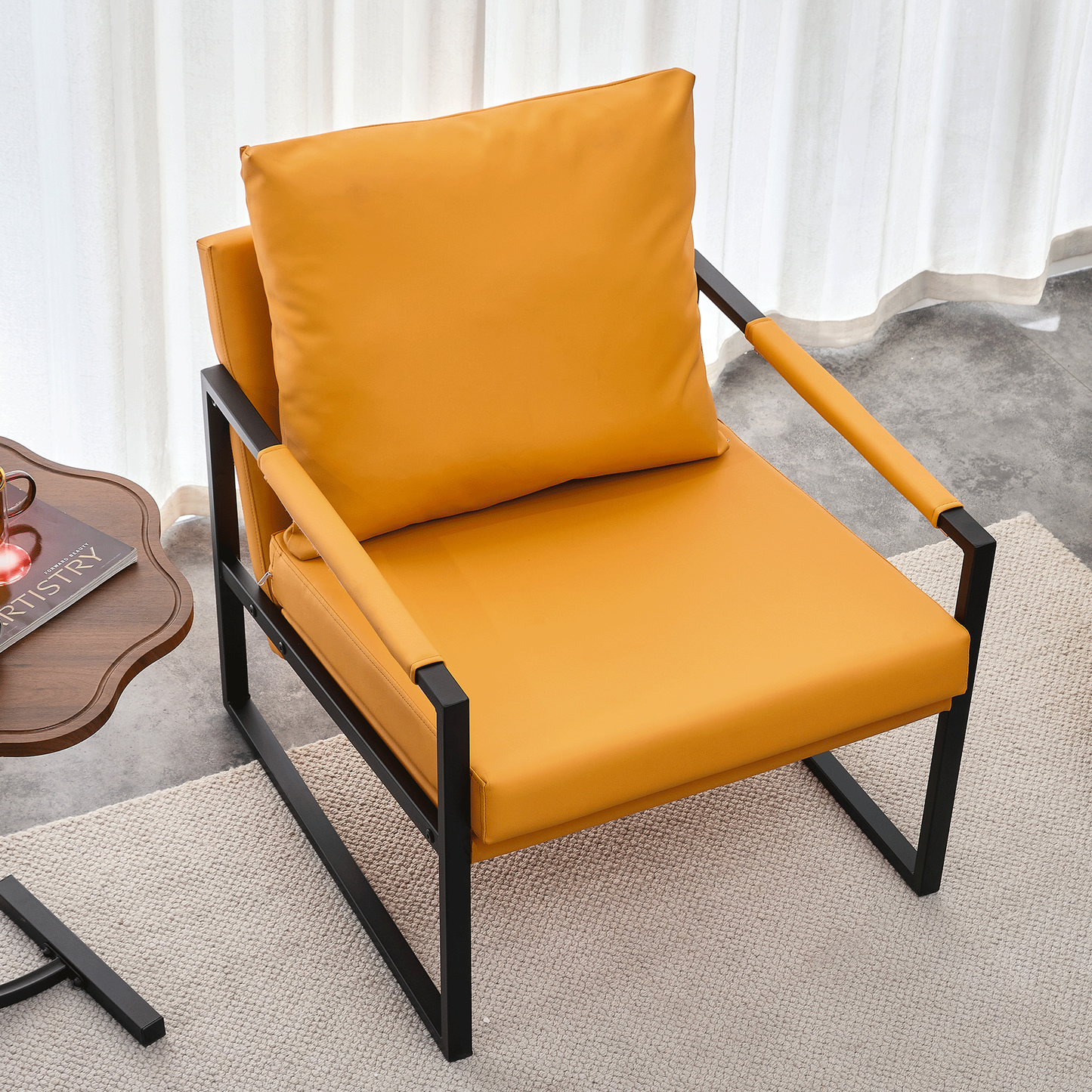Orange Leather Armchair, Metal Frame, Cushion Backrest