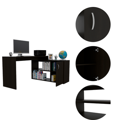 L-Shaped Computer Desk with Open & Closed Storages -Black