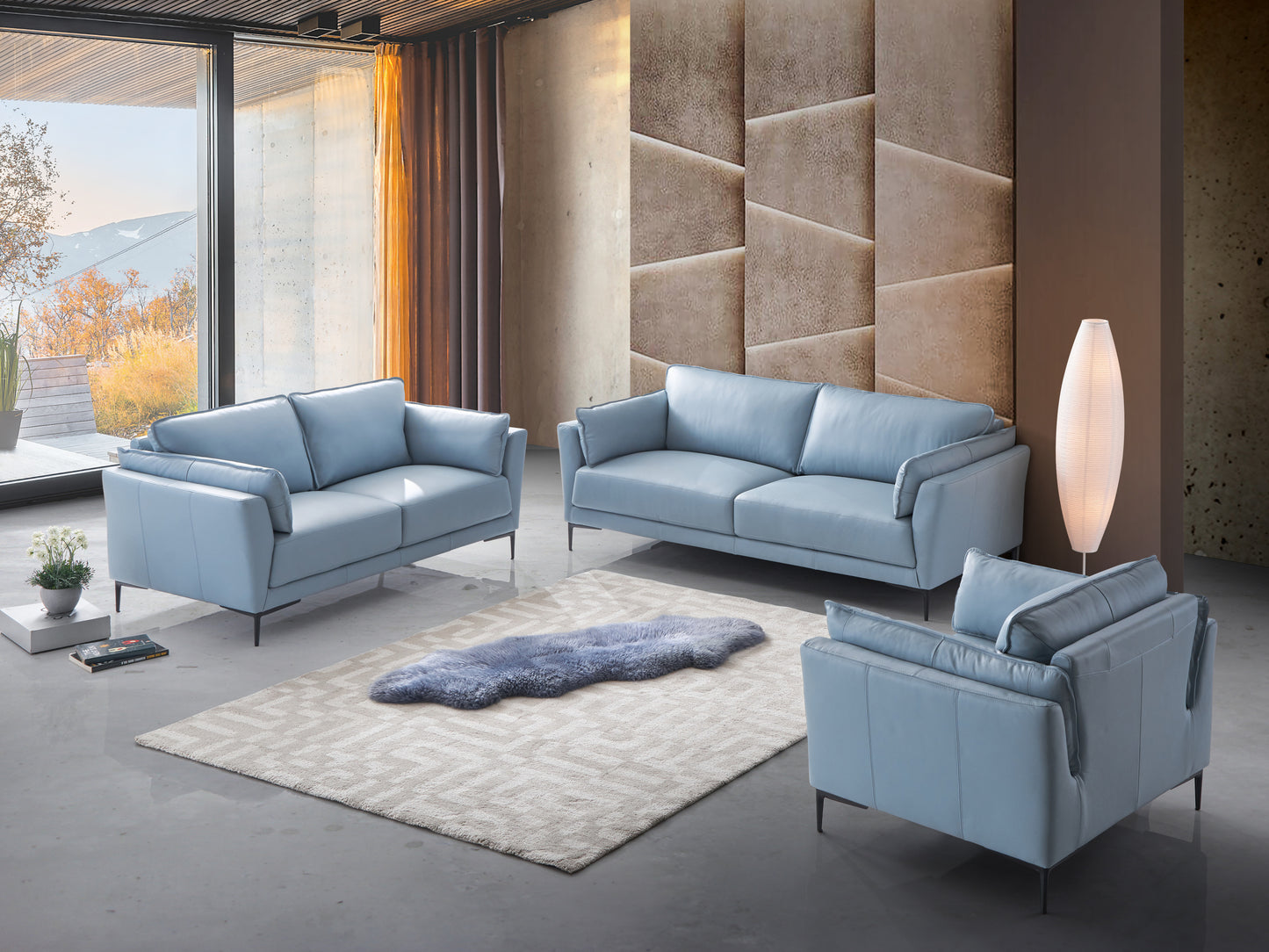 Ethereal Essence Light Blue Top Grain Leather Sofa, Black Finish