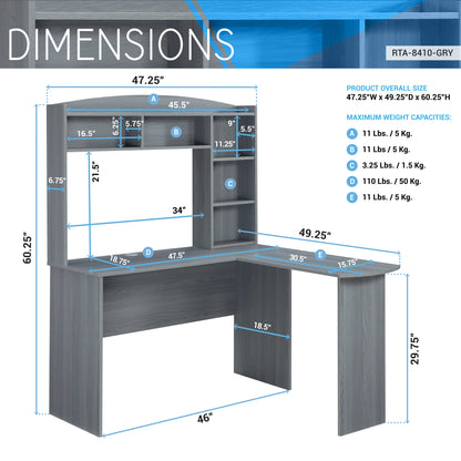 Techni Mobili Modern L-Shaped Desk with Hutch, Grey