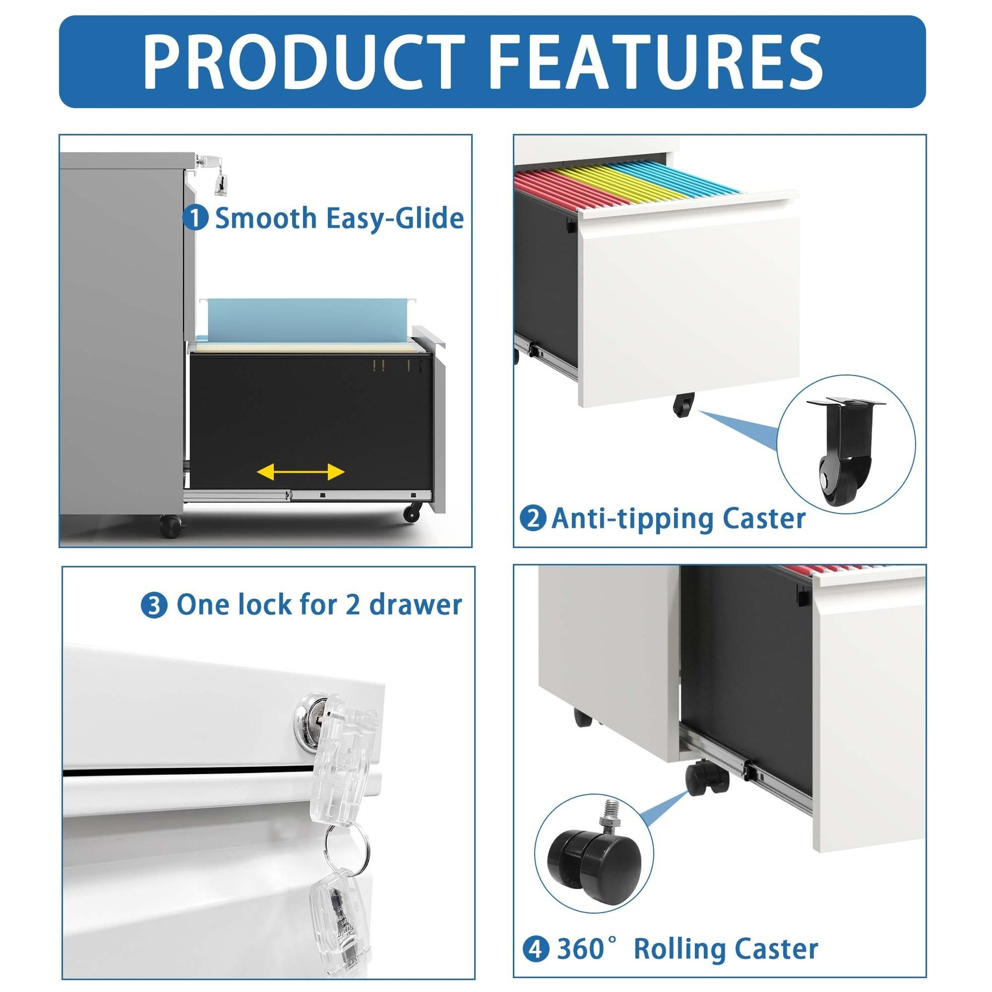 2 Drawer Metal Mobile File Cabinet, Rolling File