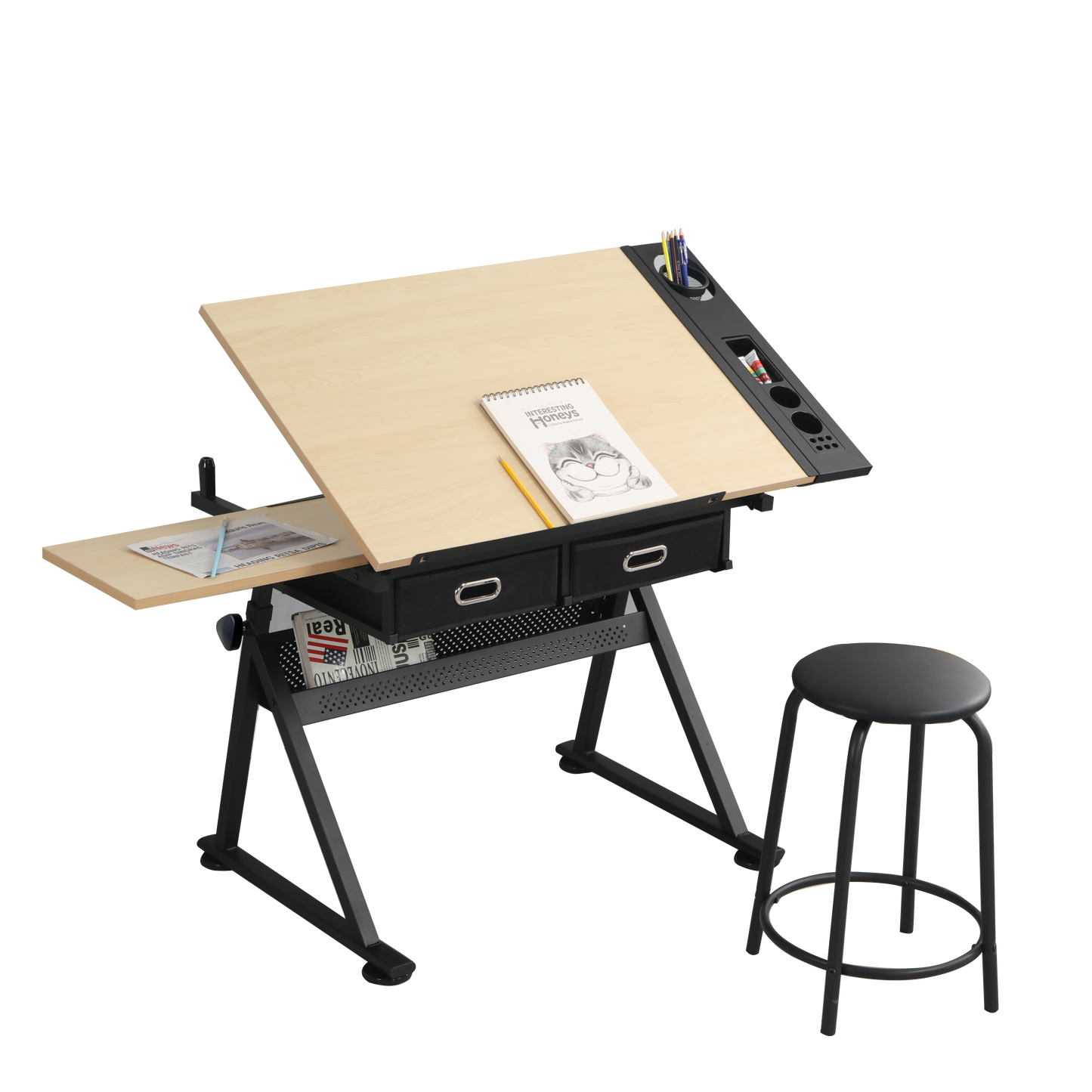 Adjustable drawing drafting table desk, 2 drawers for office