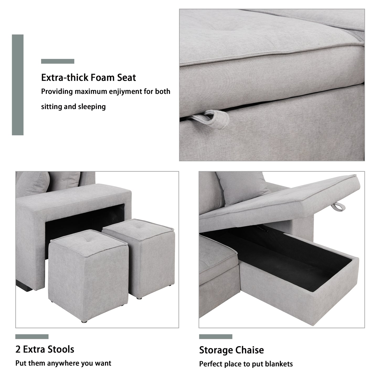 Modern L-Shape Sectional, Sleeper Sofa, Storage Chaise, 2 Stools, Grey