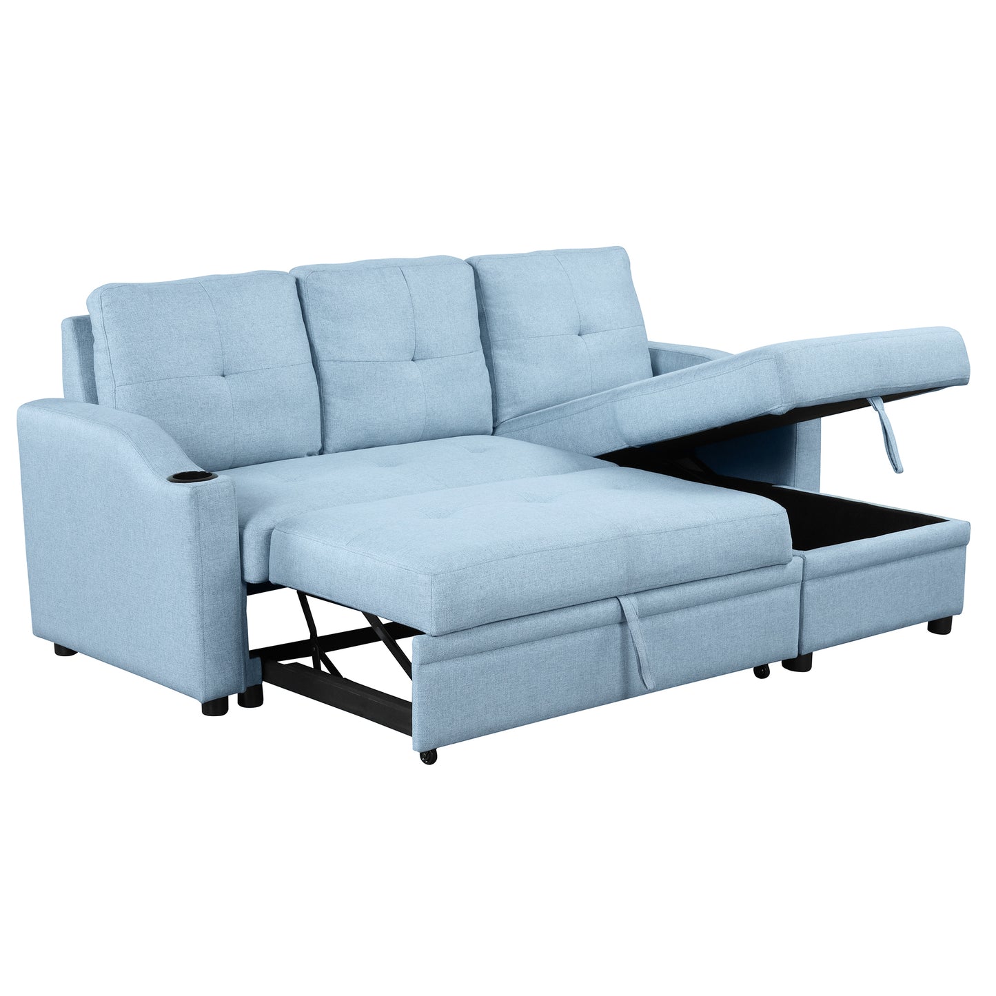 Pull-Out Sofa Bed: Modern Linen Fabric, Storage Chaise