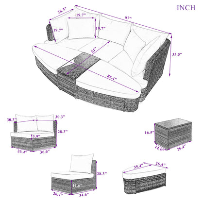 6-Piece Patio Outdoor Conversation Round Sofa Set, Table, Beige