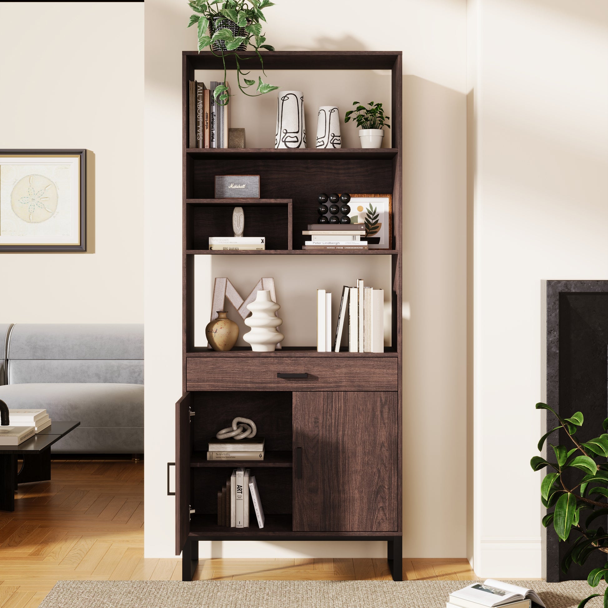 Open Bookshelf with Doors, Bookcase, LED Strip Lights