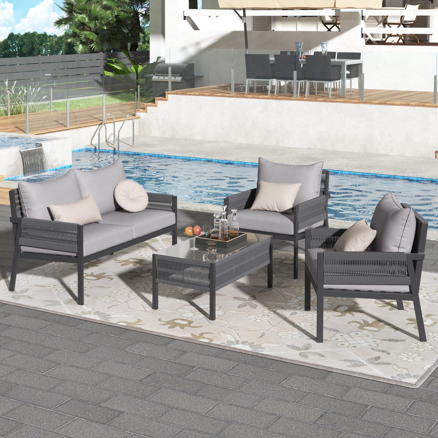 4-Piece Patio Set, Glass Table, Deep Seating