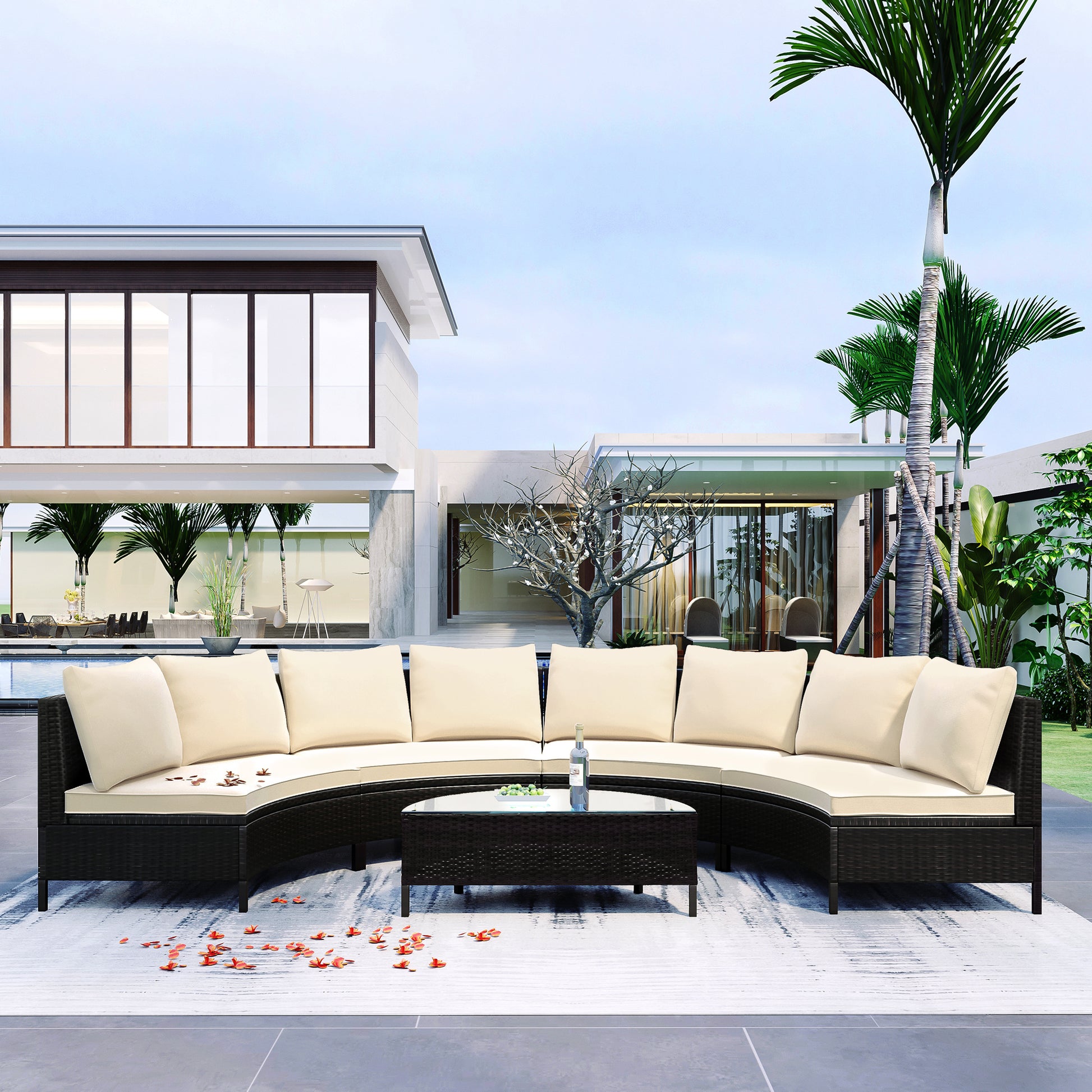 5 Pieces All-Weather Brown Sofa Set Outdoor Patio Sectional