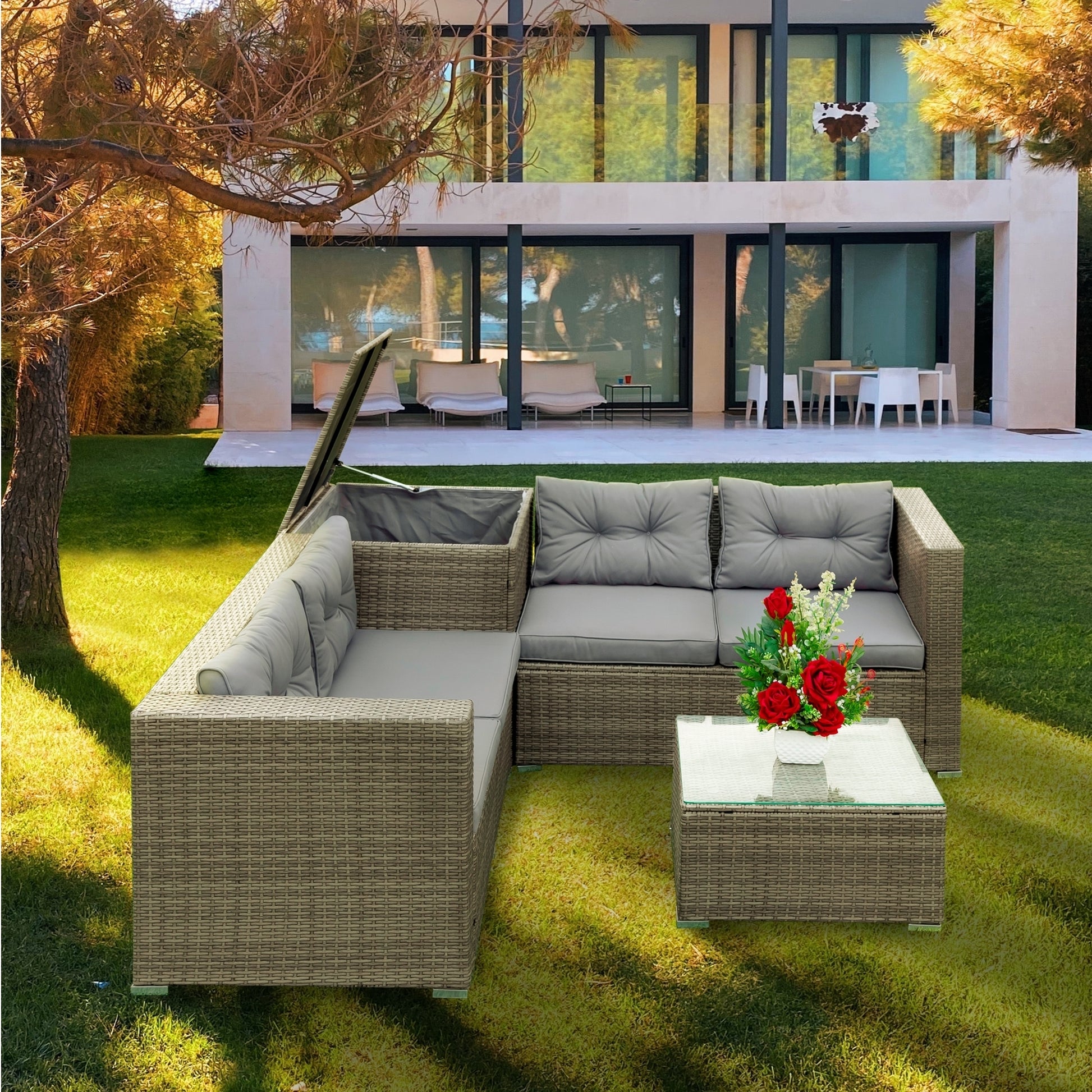 4 Piece Patio Sectional Outdoor Furniture Sofa Set with Storage