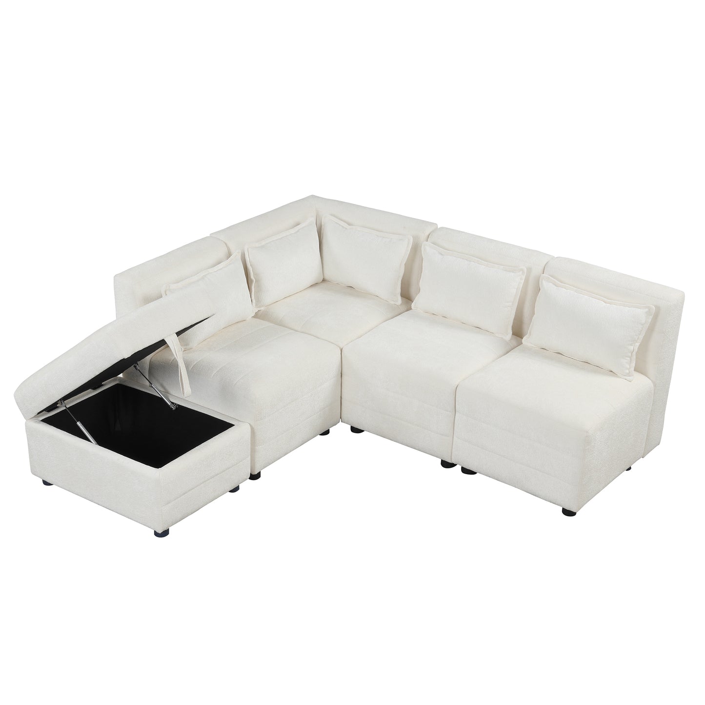 Sectional Sofa 5-seater Modular Couches, Storage Ottoman, 5 Pillows, Cream