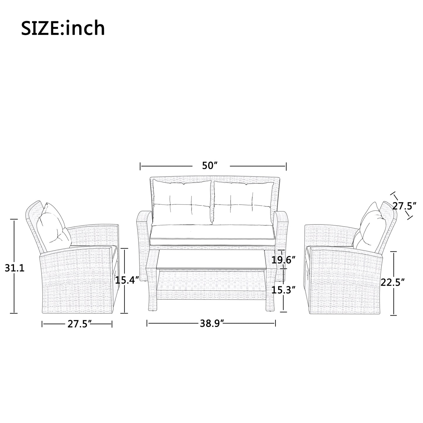 U-style Patio Furniture Set, 4 Piece Outdoor All Weather