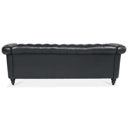 BLACK PU Rolled Arm Chesterfield Three Seater Sofa.