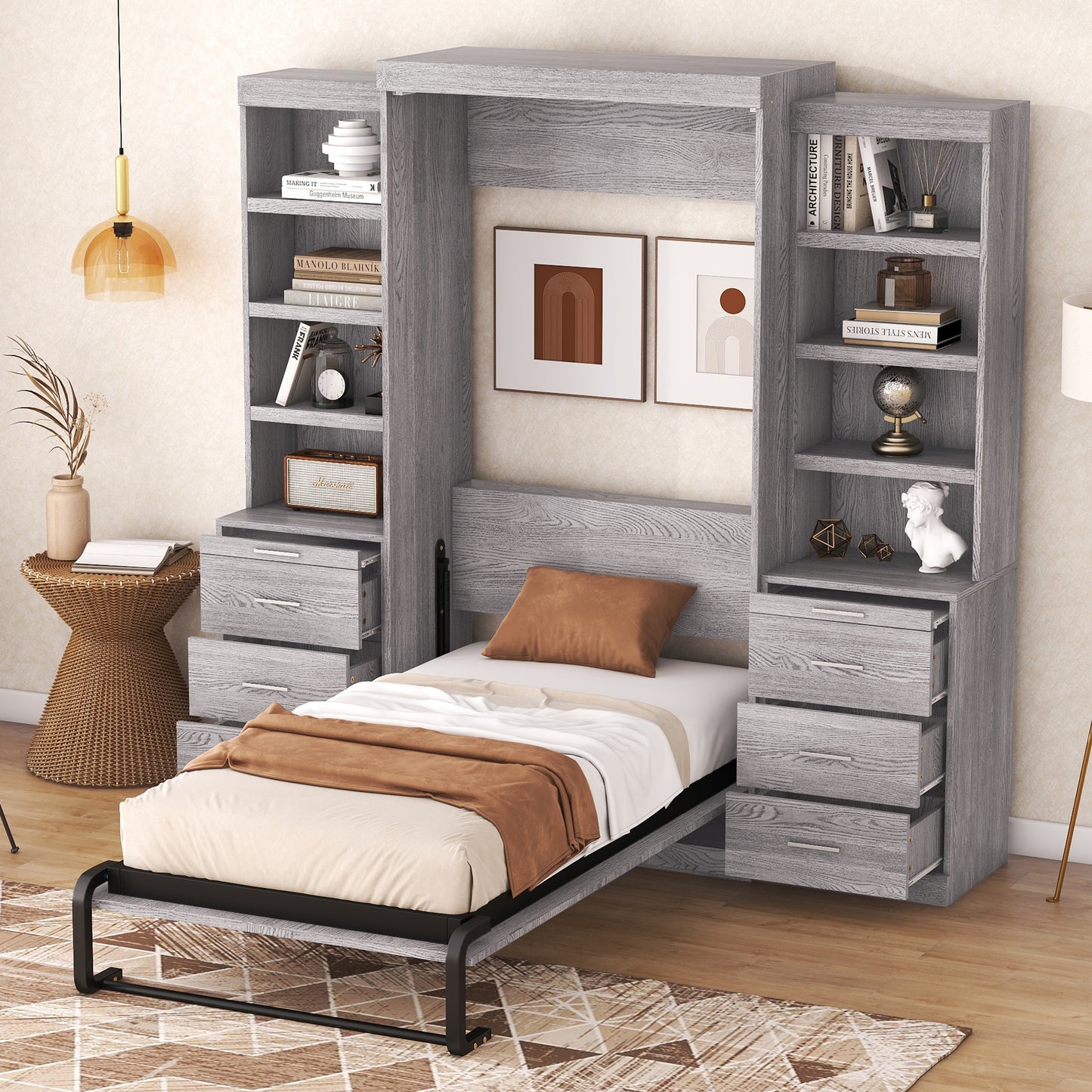 Twin Size Murphy Bed with Storage Shelves and Drawers