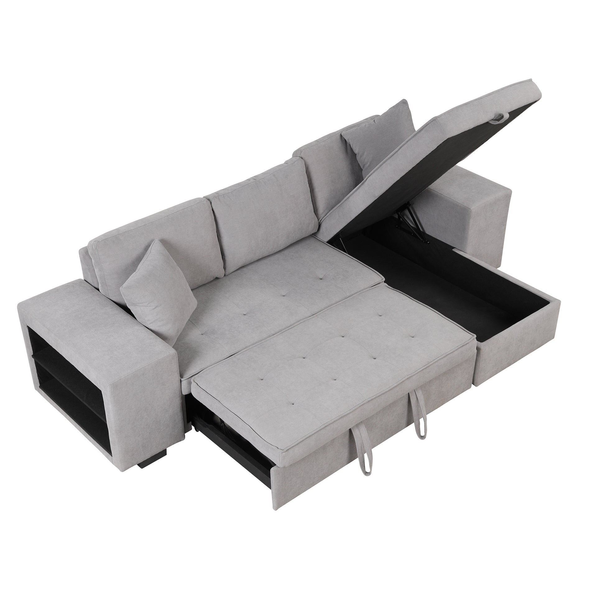 Modern L-Shape Sectional, Sleeper Sofa, Storage Chaise, 2 Stools, Grey